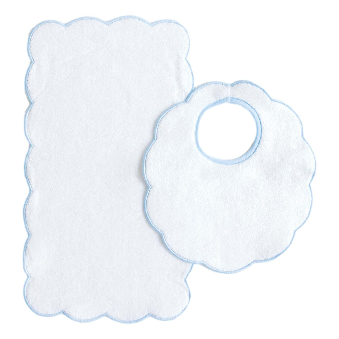 Bib & Burp Set – Blue Trim Scallop Burp Cloths Terry Tots 