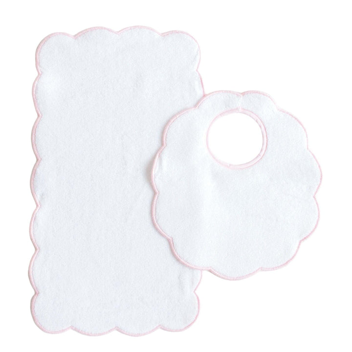 Bib & Burp Set – Pink Trim Scallop Burp Cloths Terry Tots 