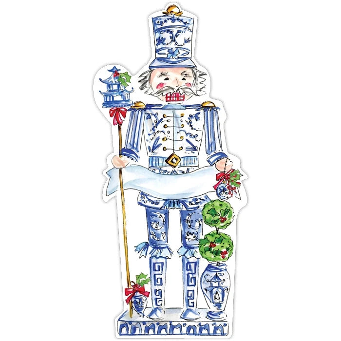 Blue and White Chinoiserie Nutcracker with Banner Table Accent Place Cards Rosanne Beck 