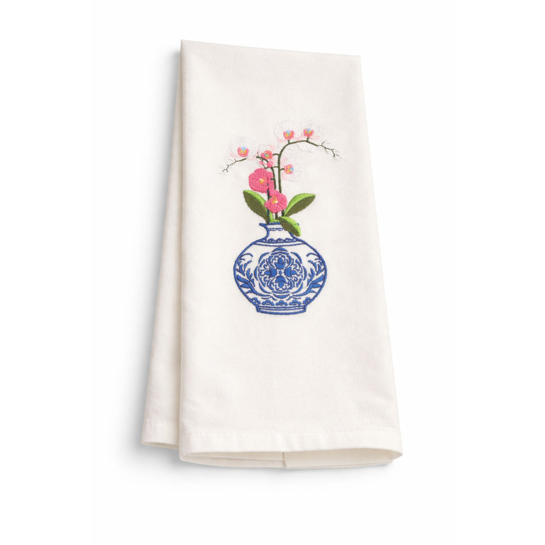 Blue and White Jar with Orchid Tea Towel Kitchen Towel Vibrantly Blue 