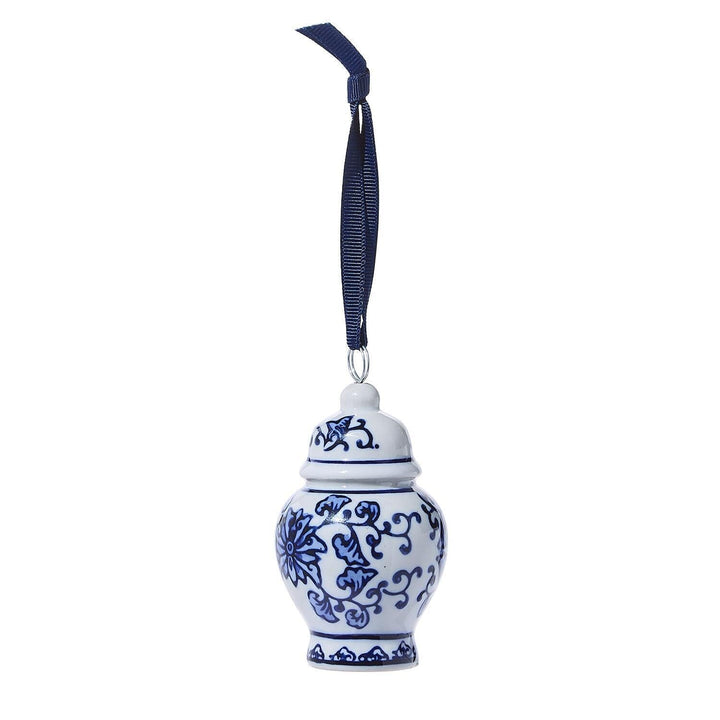 Blue and White Temple Jar Ornament and Place Card Holder Christmas Ornament Two's Company Blue Scrollwork Jar 