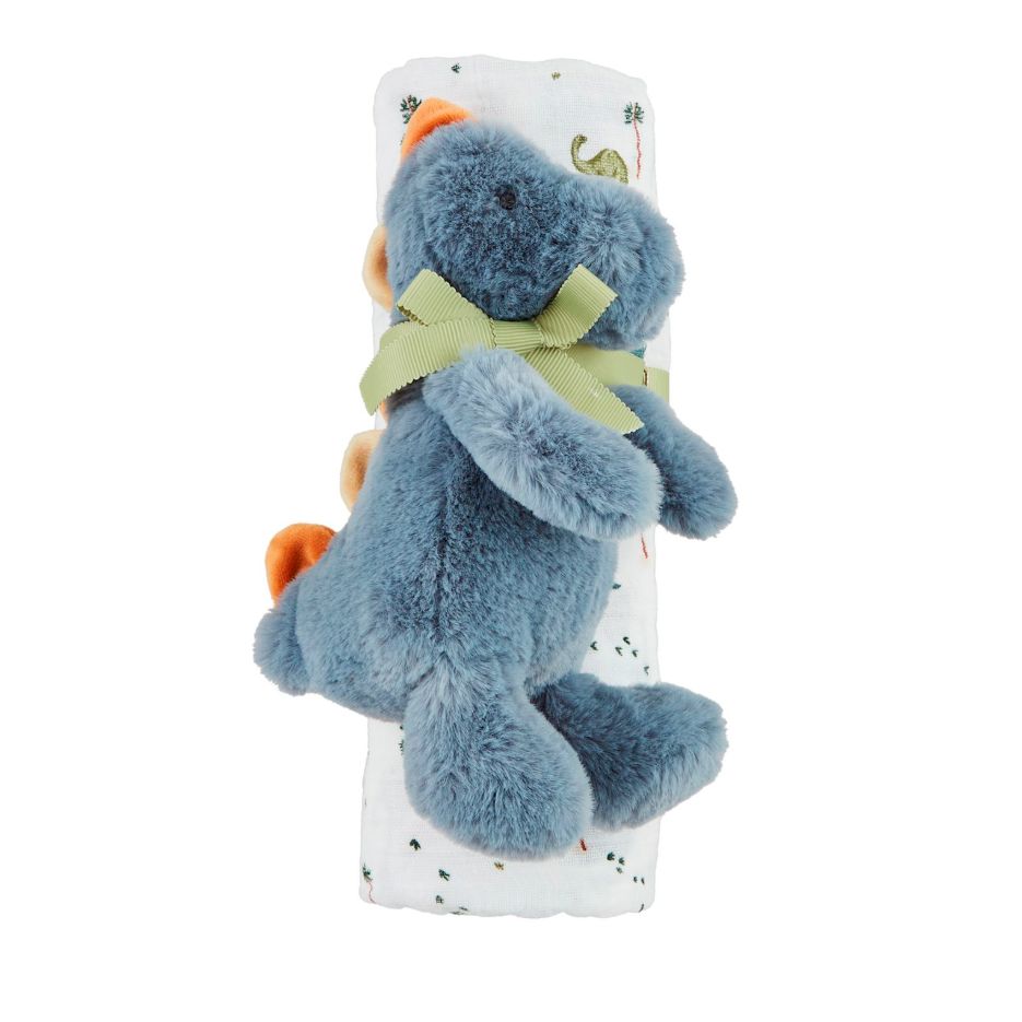 Blue Dino Swaddle & Rattle Set Baby Blanket MudPie 