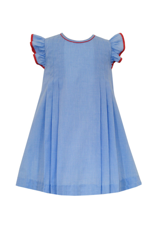 Blue Microcheck Dress with Red Trim Girl Dress Claire and Charlie 