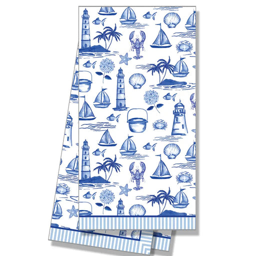 Blue Seaside Toile Tea Towel Kitchen Towel WH Hostess 