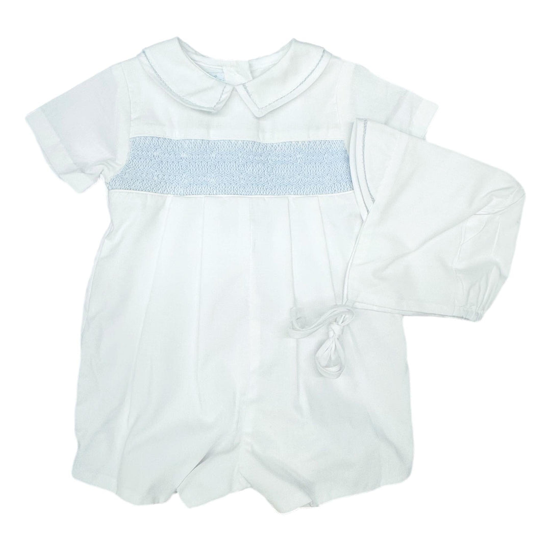 Blue Smocked Collared Romper - White Boy Romper Petit Ami 