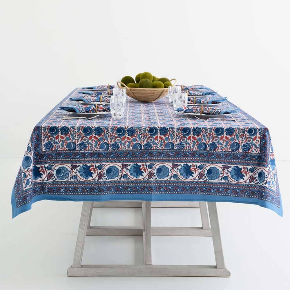 Bohemian Floral Blues and Paprika Tablecloth - 60x120 Tablecloth Pomegranate 