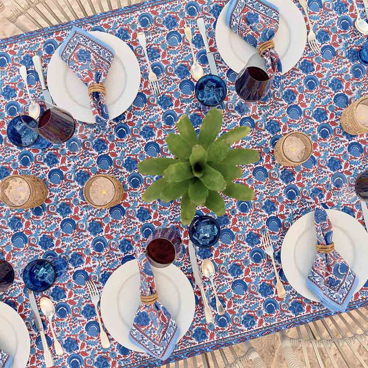 Bohemian Floral Blues and Paprika Tablecloth - 60x120 Tablecloth Pomegranate 