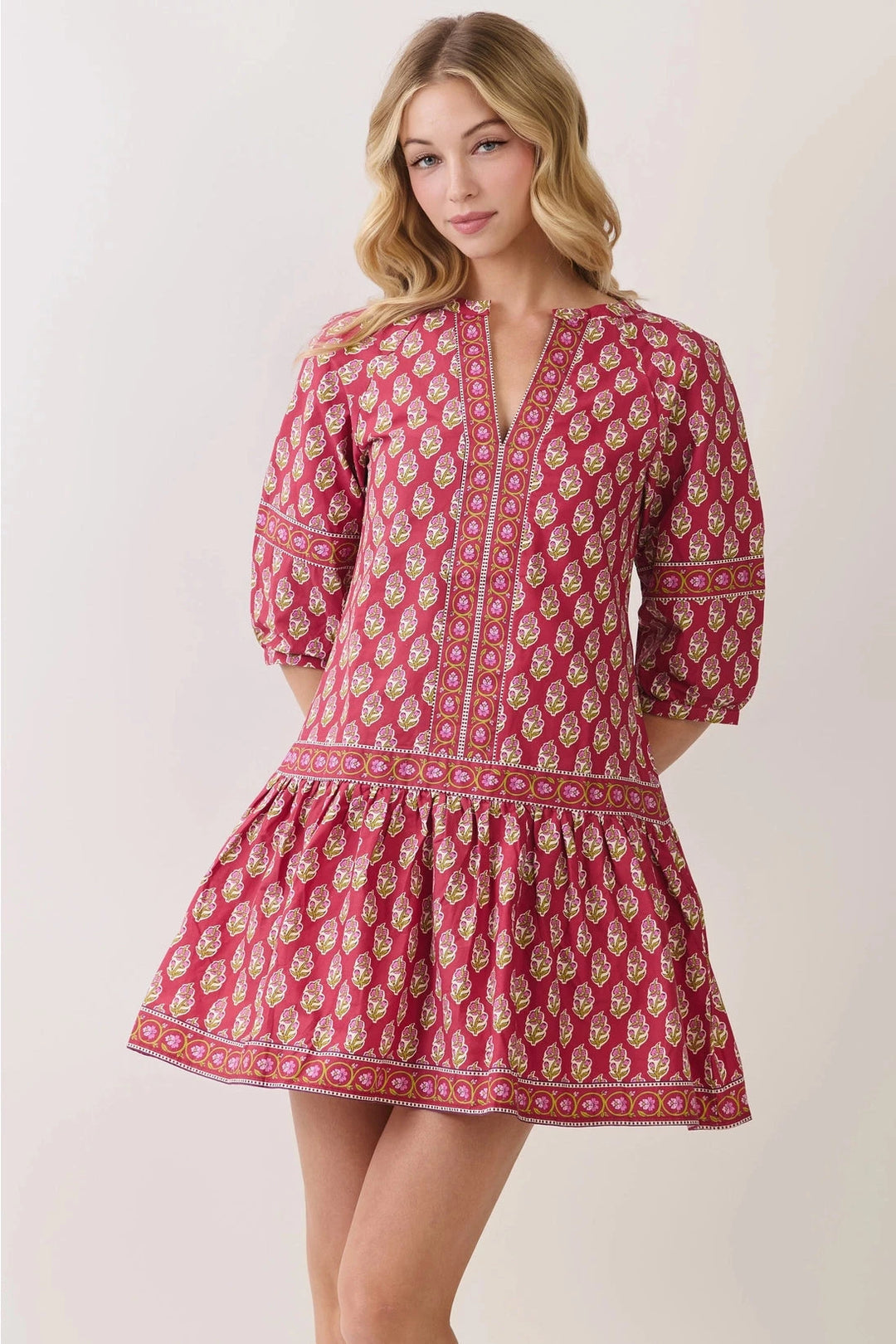 Border Print Drop Waist Mini Dress Womens Dress TCEC 