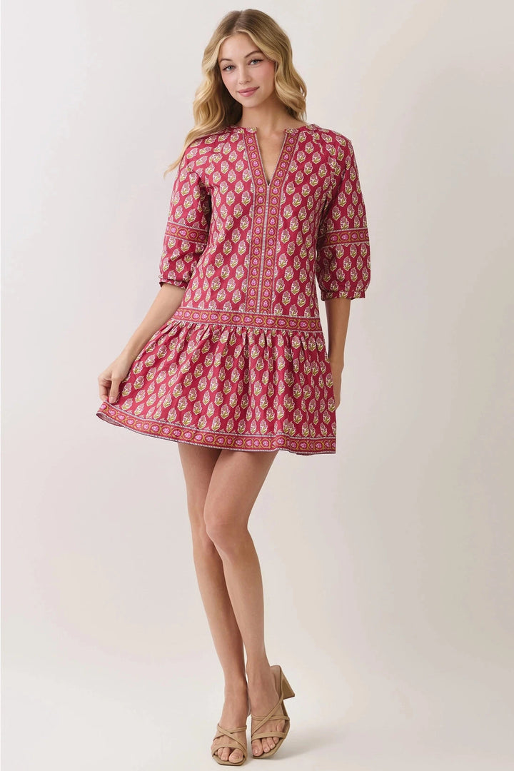 Border Print Drop Waist Mini Dress Womens Dress TCEC 
