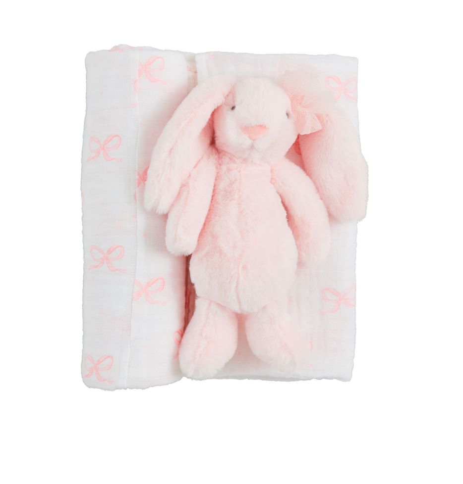 Bow Bunny Swaddle & Rattle Set Baby Blanket MudPie 