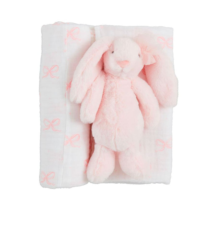 Bow Bunny Swaddle & Rattle Set Baby Blanket MudPie 