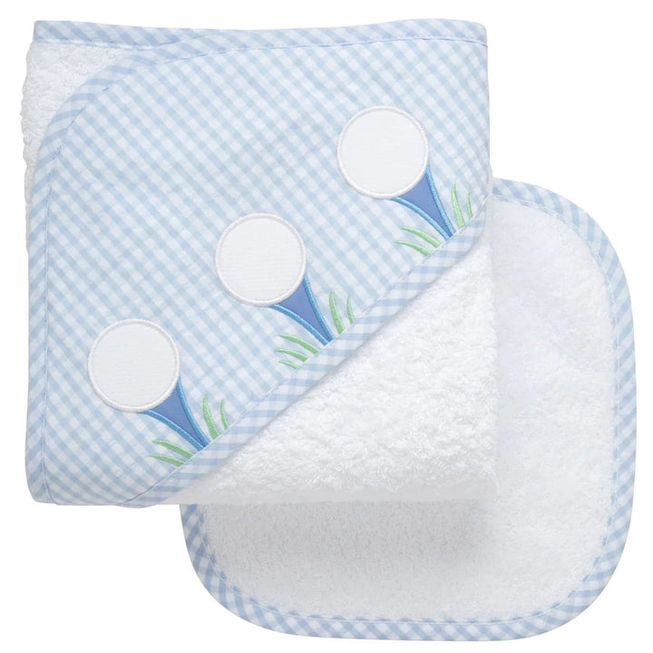 Boxed Applique Hooded Towel + Washcloth Set - Boy Hooded Bath Towels 3 Marthas Blue Golf 