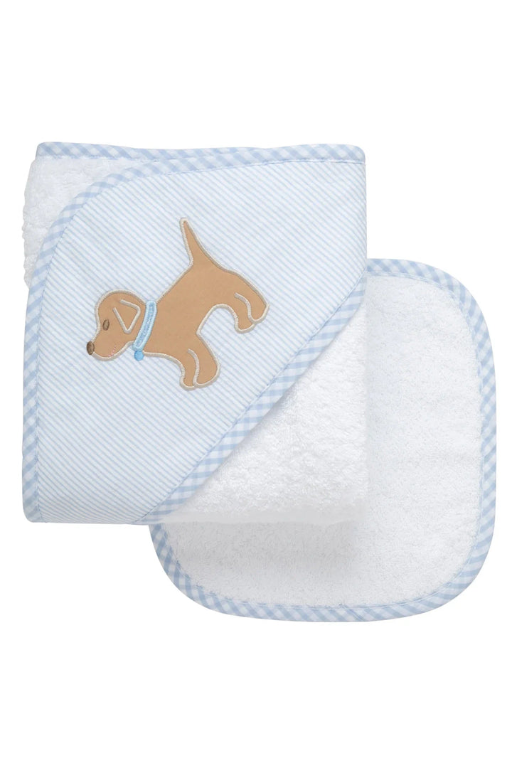 Boxed Applique Hooded Towel + Washcloth Set - Boy Hooded Bath Towels 3 Marthas Blue Puppy 