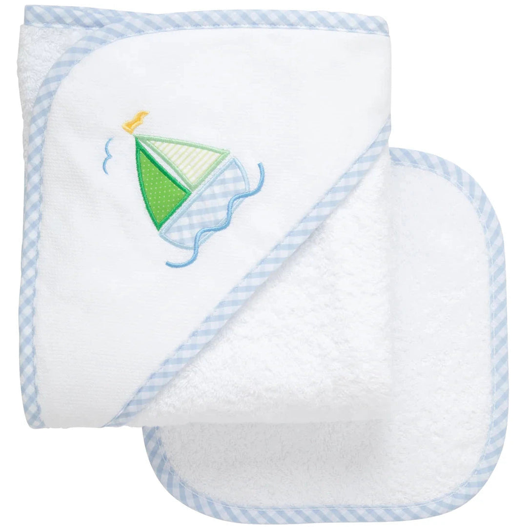 Boxed Applique Hooded Towel + Washcloth Set - Boy Hooded Bath Towels 3 Marthas Sailboat - Blue 
