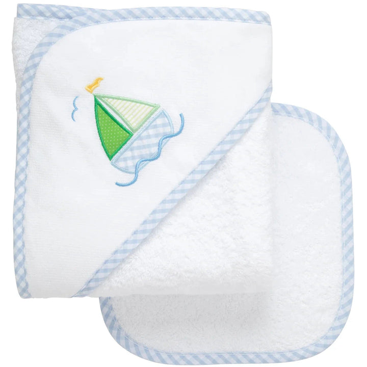 Boxed Applique Hooded Towel + Washcloth Set - Boy Hooded Bath Towels 3 Marthas Sailboat - Blue 