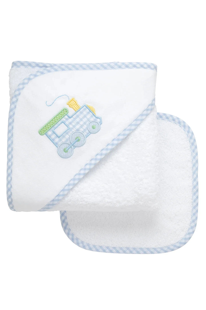 Boxed Applique Hooded Towel + Washcloth Set - Boy Hooded Bath Towels 3 Marthas Train 