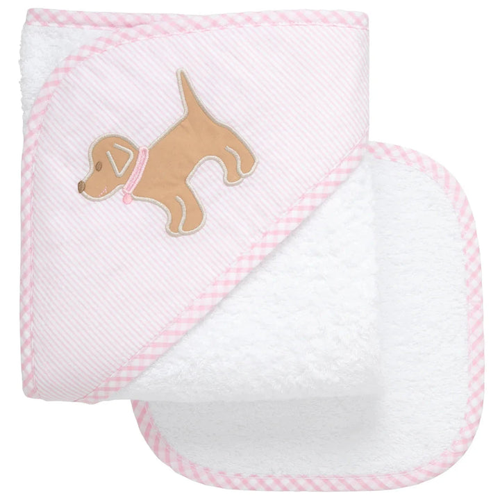 Boxed Applique Hooded Towel + Washcloth Set - Girl Hooded Bath Towels 3 Marthas Pink Puppy 