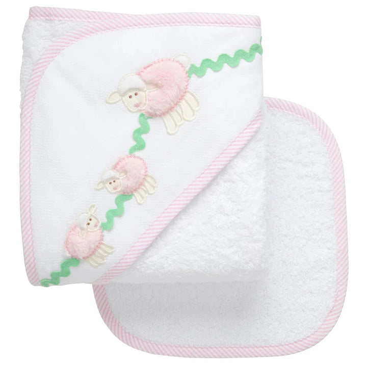 Boxed Applique Hooded Towel + Washcloth Set - Girl Hooded Bath Towels 3 Marthas Pink Sheep 