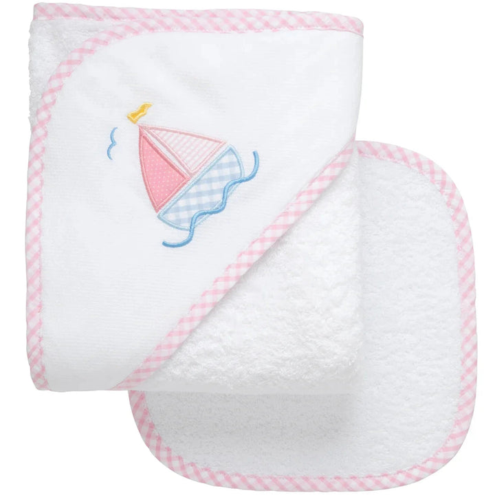 Boxed Applique Hooded Towel + Washcloth Set - Girl Hooded Bath Towels 3 Marthas Sailboat - Pink 