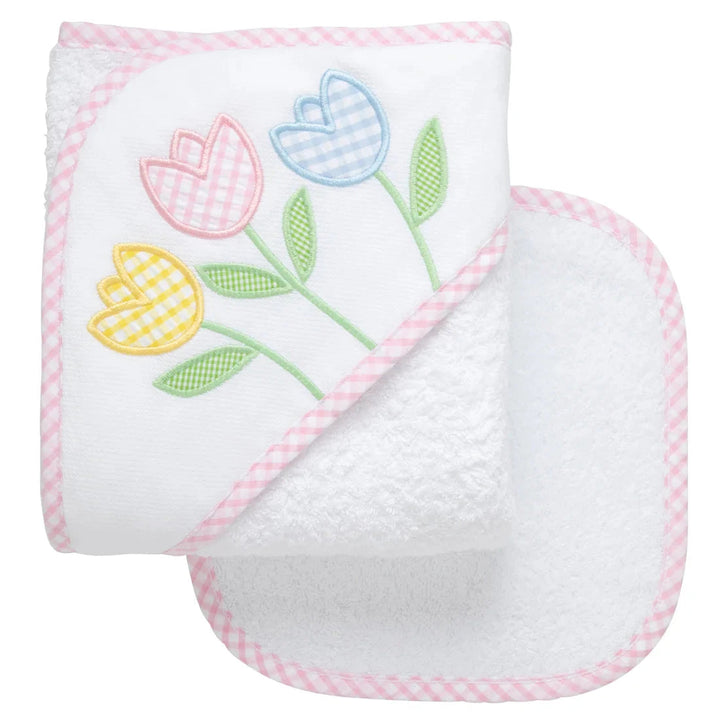 Boxed Applique Hooded Towel + Washcloth Set - Girl Hooded Bath Towels 3 Marthas Tulips 