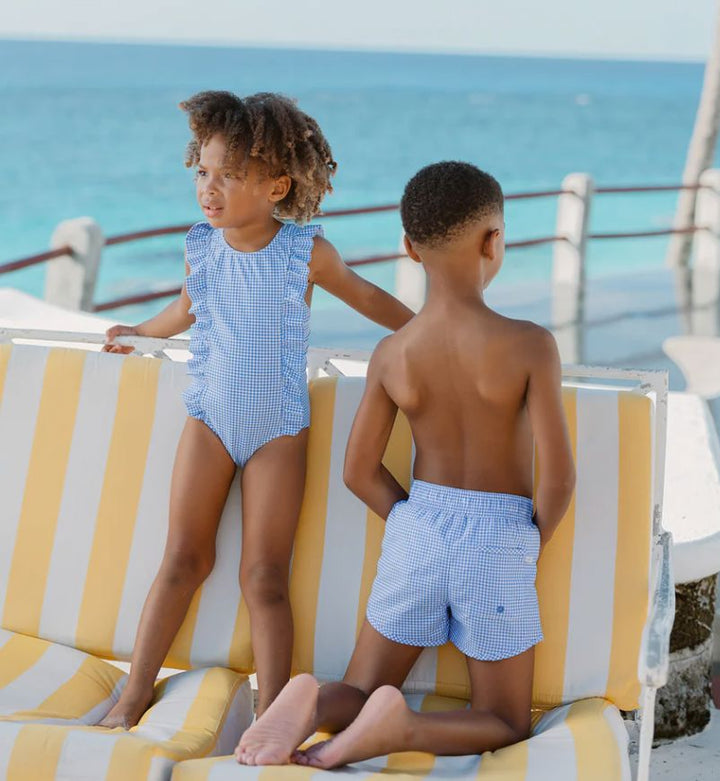 Boys Sky Blue Gingham Boardie Boy Bathing Suit Minnow 