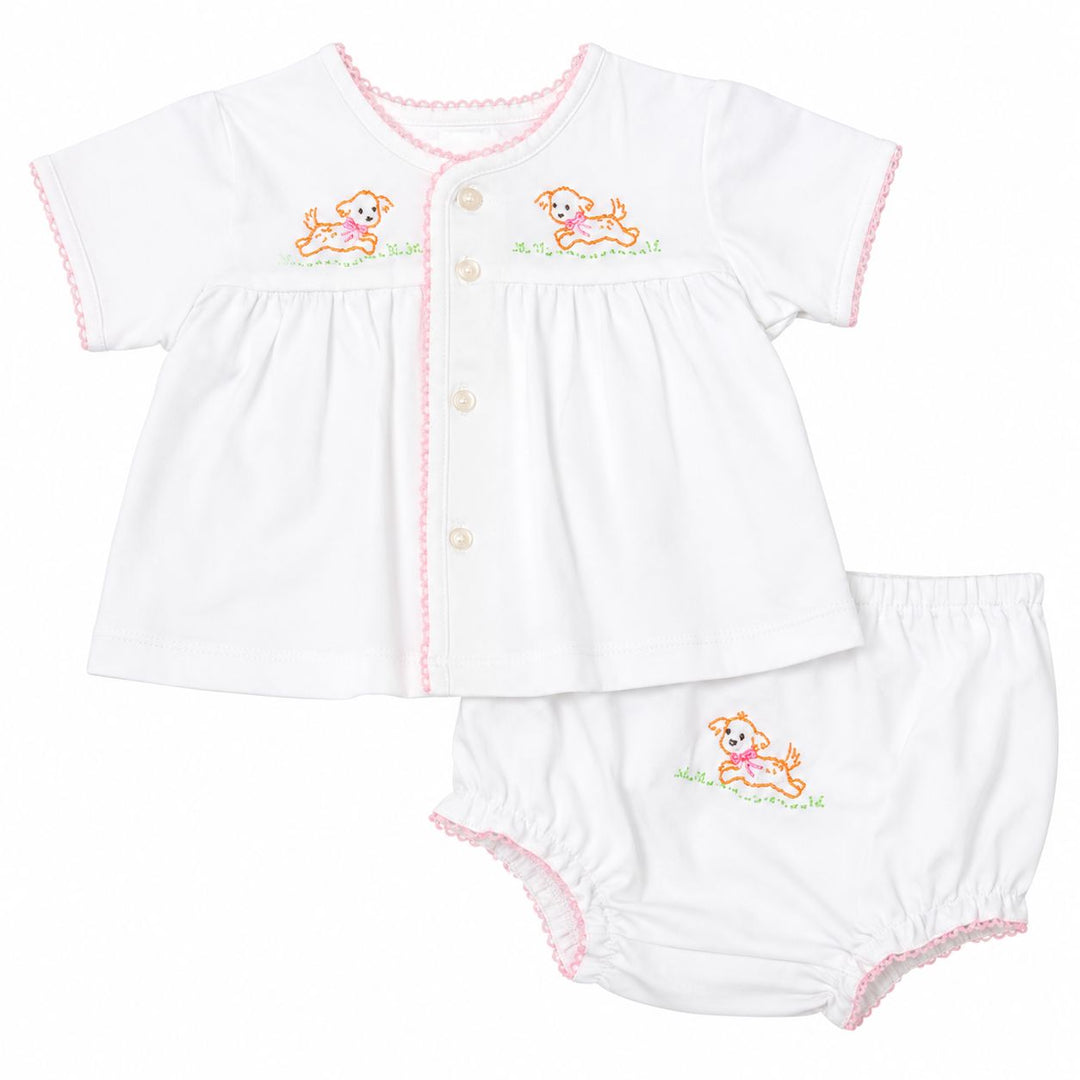 Brennen Knit Diaper Set - Pink Dogs Girl Bloomer Set Remember Nguyen - Baby Sen 