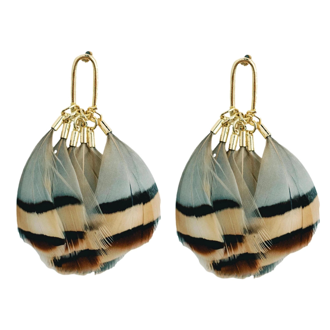 Brown Striped Fall Feather Statement Tassel Earrings Womens Earrings St. Armands Designs 