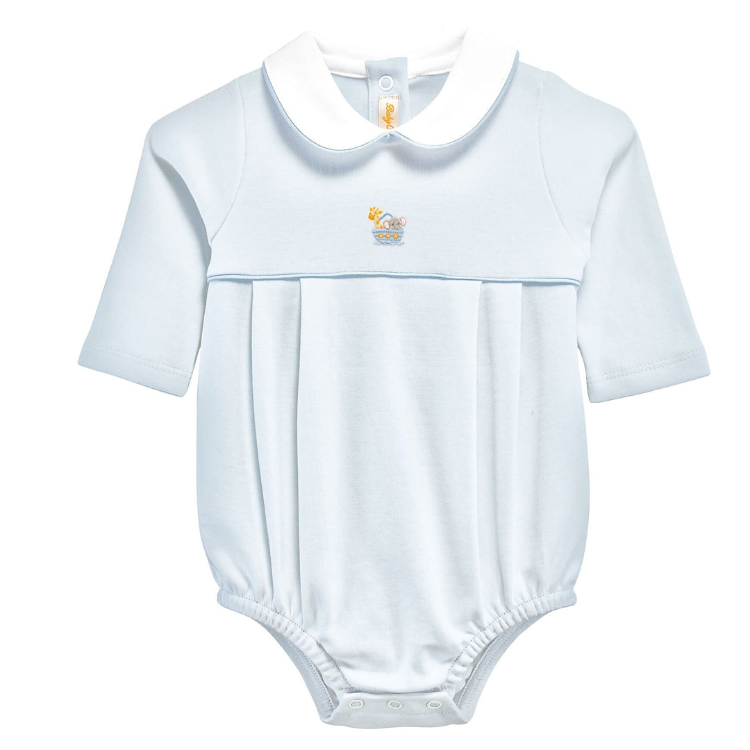Bubble with Round Collar - Embroidered Blue Noah's Ark Boy Bubble Baby Club Chic 
