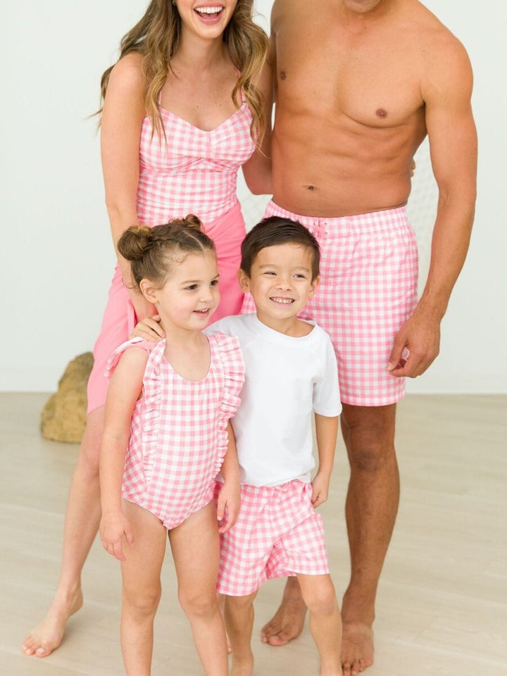 Bubblegum Pink Gingham Waterfall One Piece Swimsuit Girl Bathing Suit Rufflebutts 