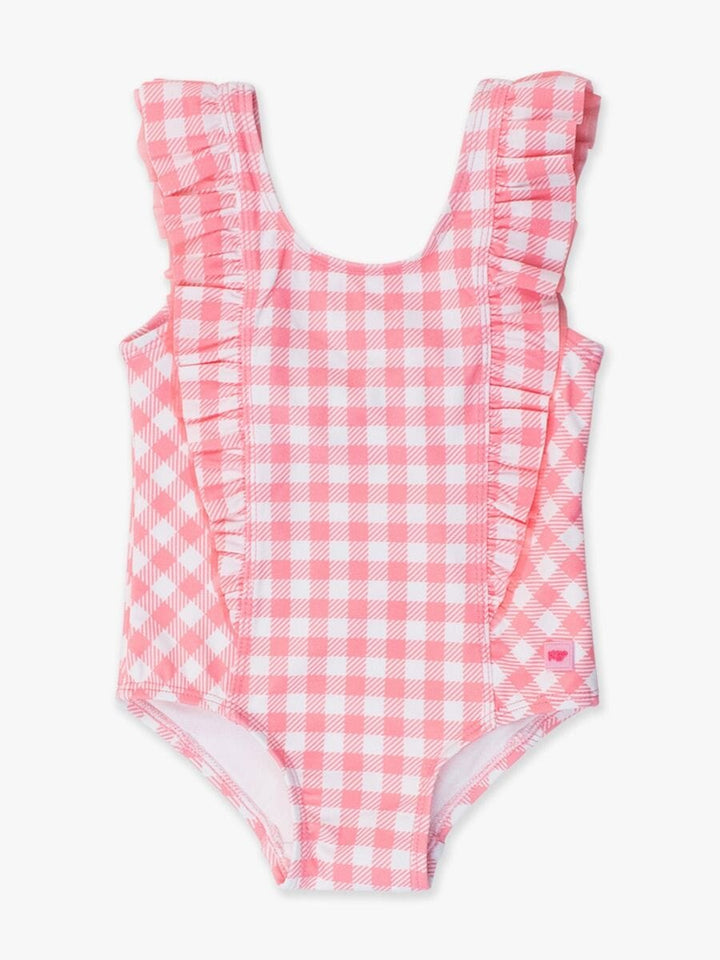 Bubblegum Pink Gingham Waterfall One Piece Swimsuit Girl Bathing Suit Rufflebutts 