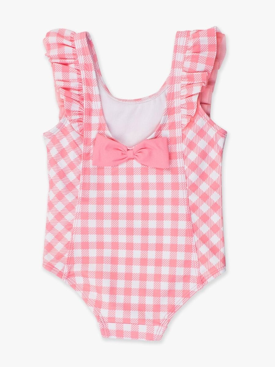 Bubblegum Pink Gingham Waterfall One Piece Swimsuit Girl Bathing Suit Rufflebutts 