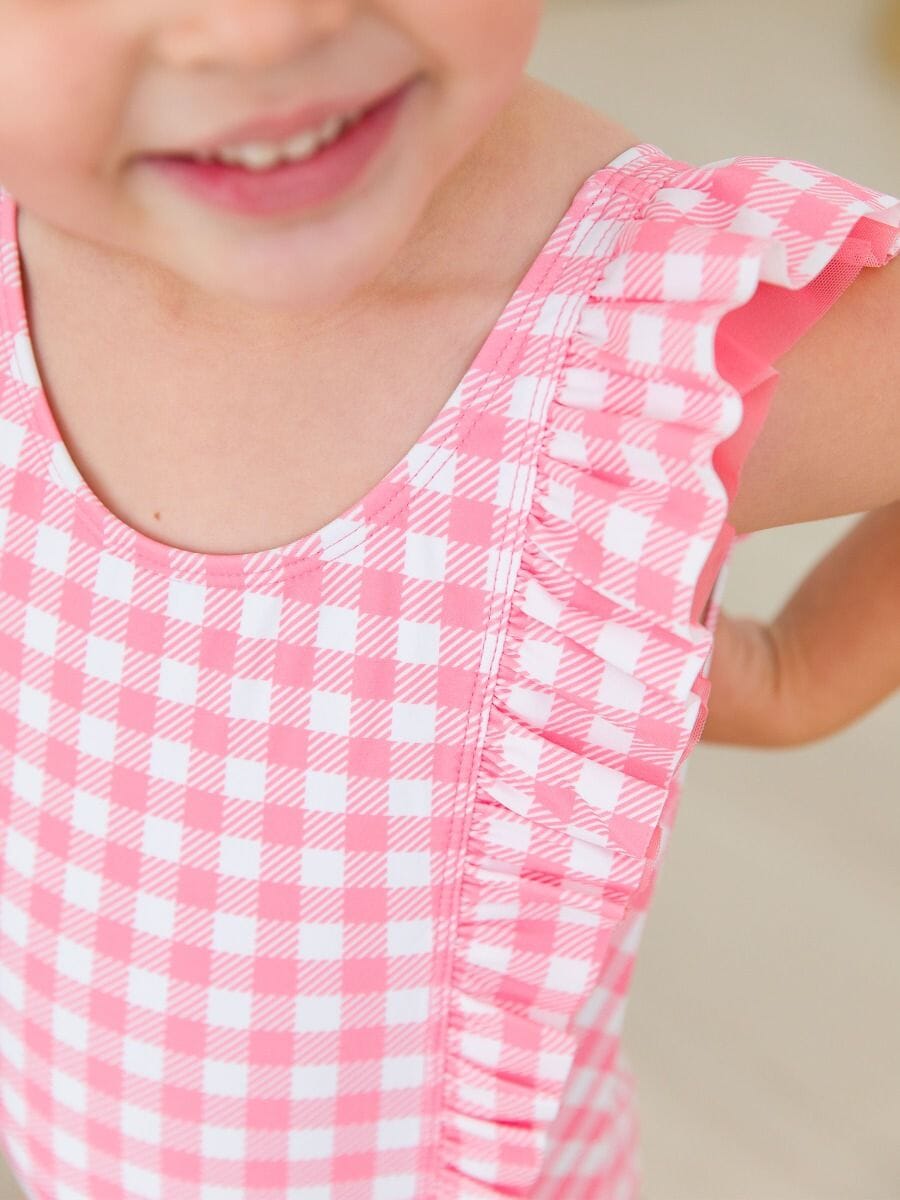 Bubblegum Pink Gingham Waterfall One Piece Swimsuit Girl Bathing Suit Rufflebutts 
