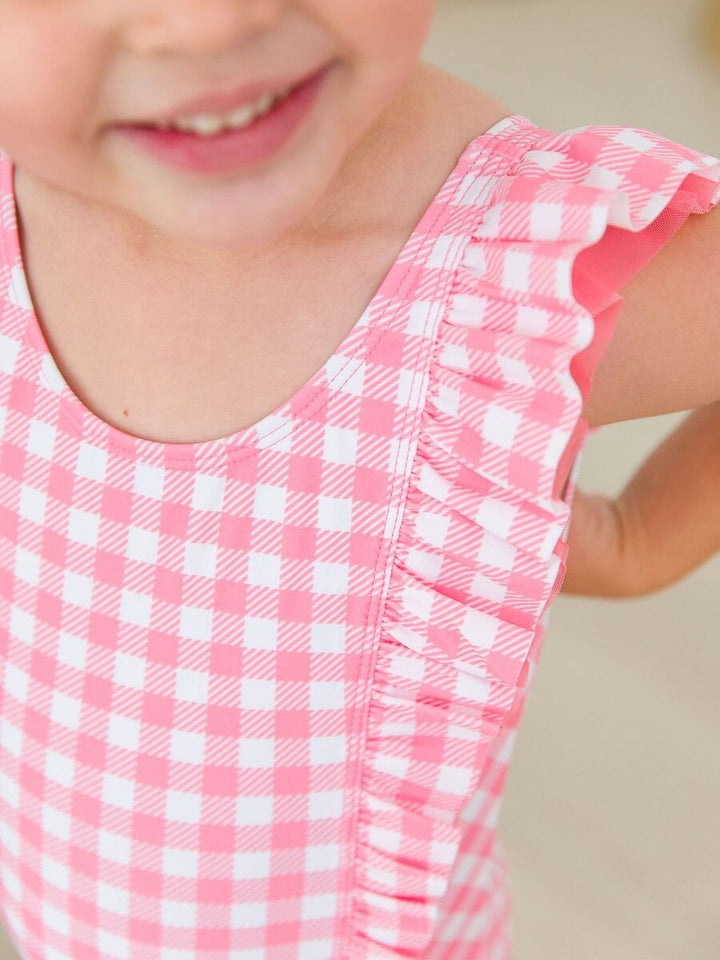 Bubblegum Pink Gingham Waterfall One Piece Swimsuit Girl Bathing Suit Rufflebutts 