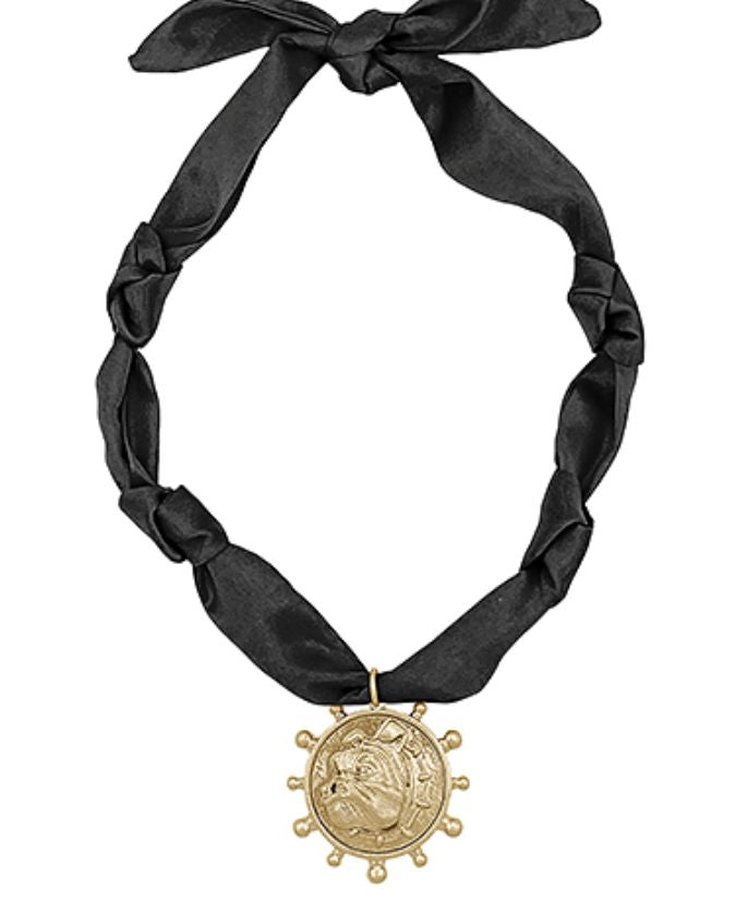 Bulldog Circle Pendant Scarf Necklace - Black Womens Necklace Golden Stella 