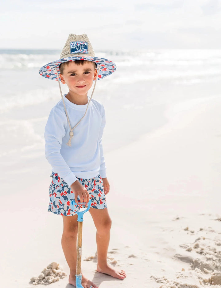 Cabo Straw Hat - Americana Camo Child Sun Hat Properly Tied 