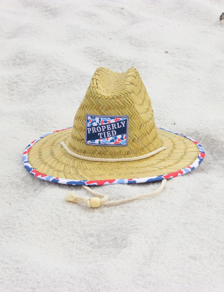 Cabo Straw Hat - Americana Camo Child Sun Hat Properly Tied 