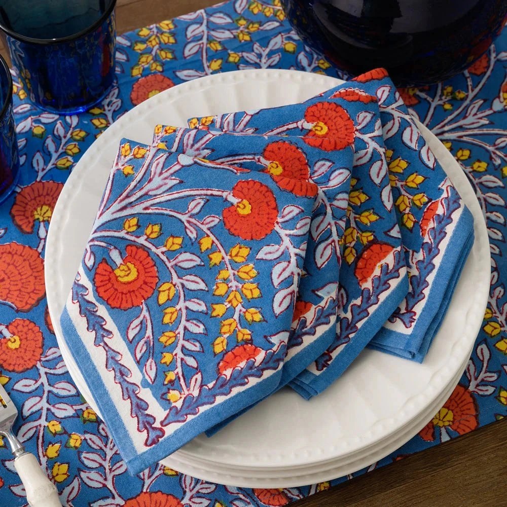Cactus Flower Blue & Poppy Napkins - Set of 4 Dinner Napkins Pomegranate 