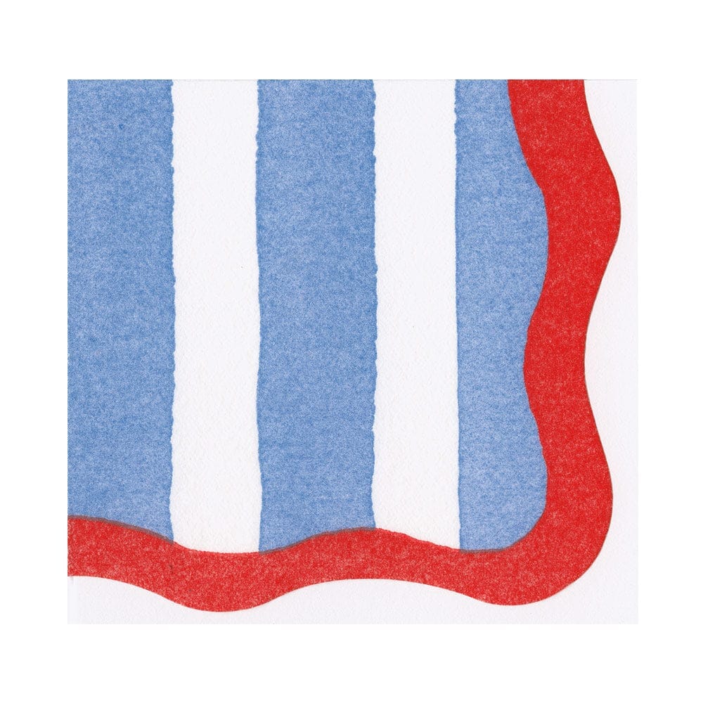 Cafe Stripe Scallop Blue and Red Paper Linen Napkin - 15 Per Package Cocktail Napkins Caspari 