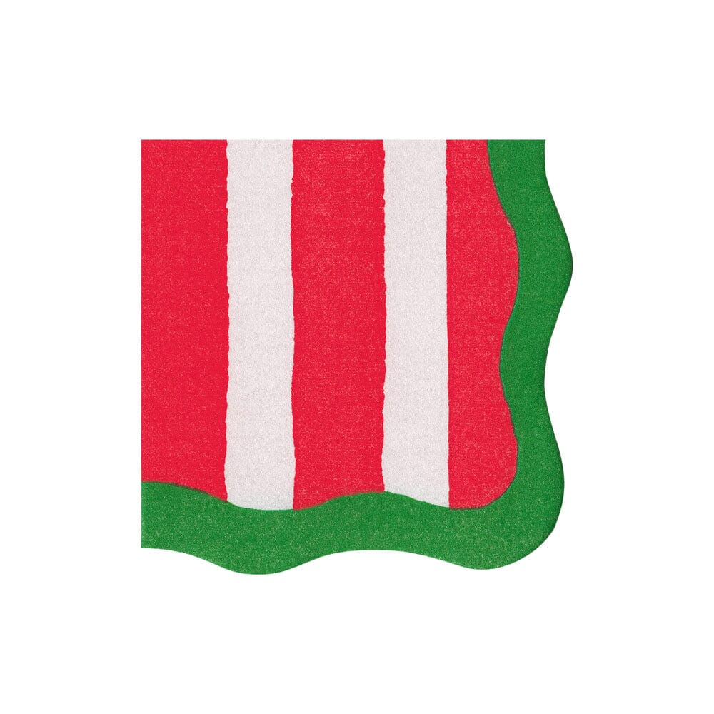 Cafe Stripe Scallop Red/Green Paper Linen Cocktail Napkins Cocktail Napkins Caspari 