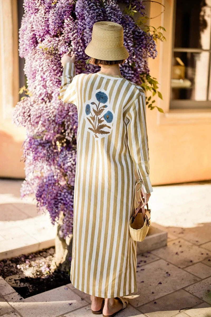 Cairo Kaftan - Khaki Stripe Womens Dress Maison Marigold 