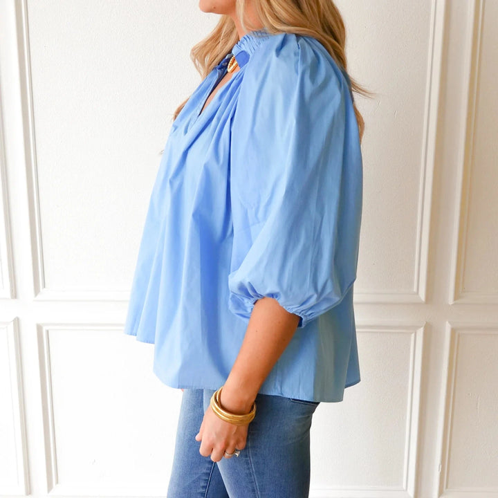 Camille Top - Powder Blue and Blue Womens Shirt Caryn Lawn 