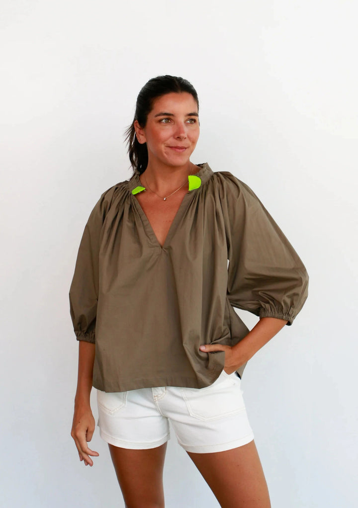 Camille Top - Taupe and Neon Womens Shirt Caryn Lawn 
