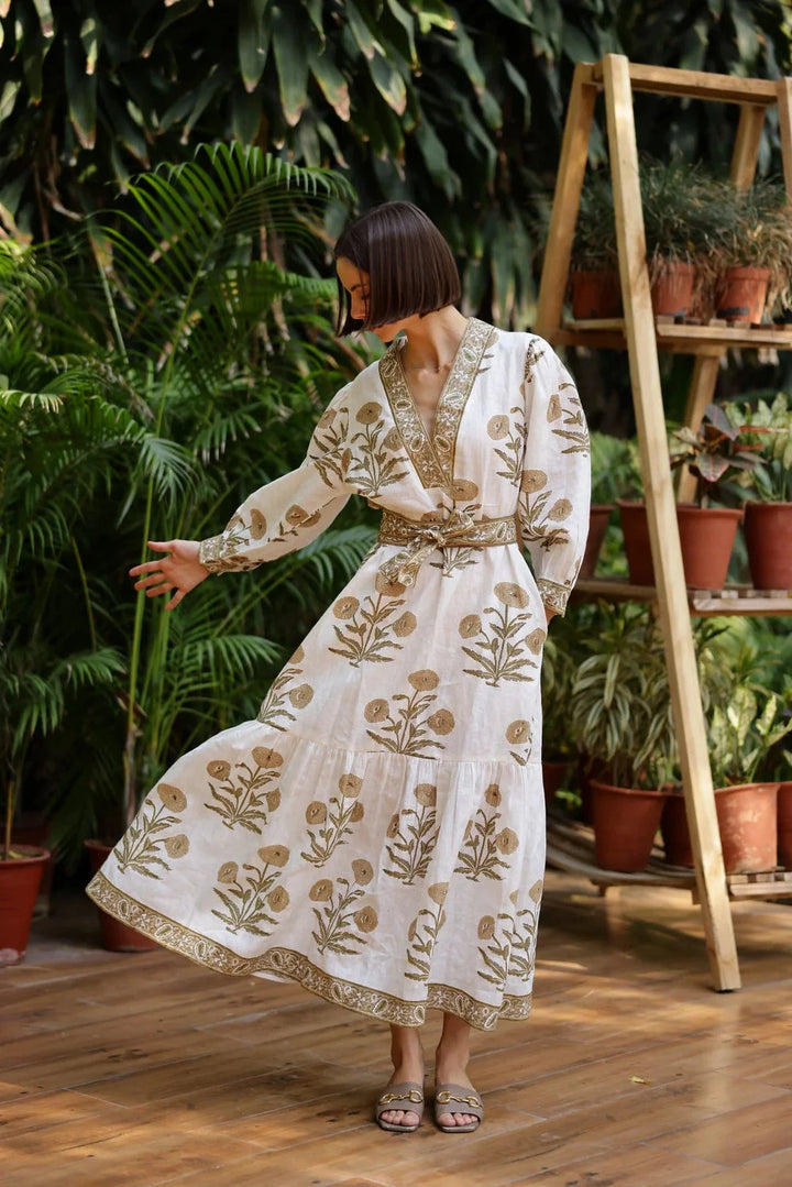 Capri Maxi Dress - Khaki Flower Womens Dress Maison Marigold 