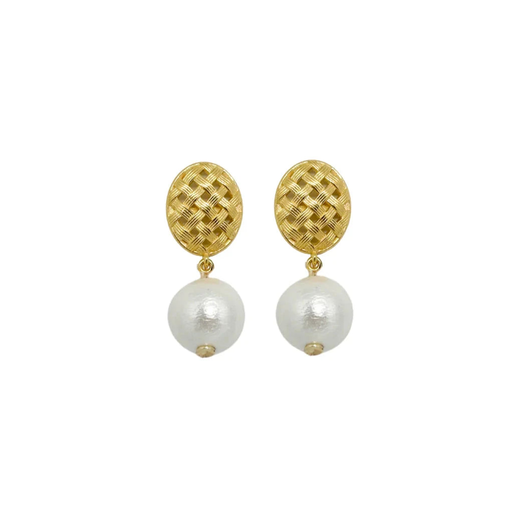 Catherine Gold Basketweave & Single Cotton Pearl Earrings Womens Earrings M Donohue 