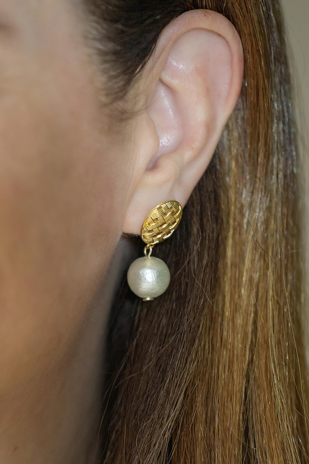 Catherine Gold Basketweave & Single Cotton Pearl Earrings Womens Earrings M Donohue 