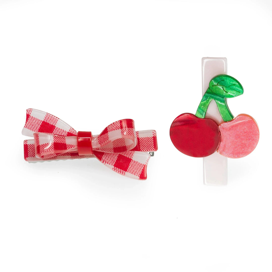 Cherry & Red Checkered Bow Hair Clips Girl Hair Accessory Lilies and Roses 