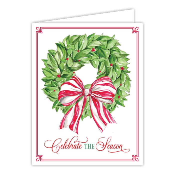 Christmas Greeting Cards Cards Rosanne Beck Celebrate The Season Wreath with Red and White Striped Bow 