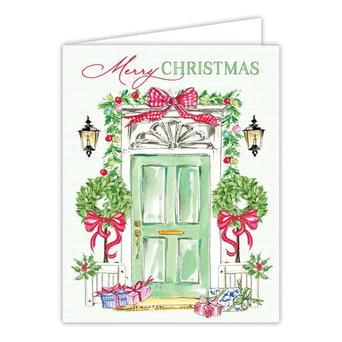 Christmas Greeting Cards Gift Card Rosanne Beck Merry Christmas Green Front Door with Holly Topiaries 