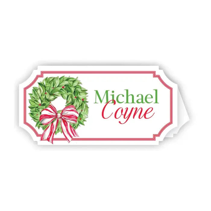 Christmas Wreath with Berries and Red Striped Bow Placecards Place Cards Rosanne Beck 