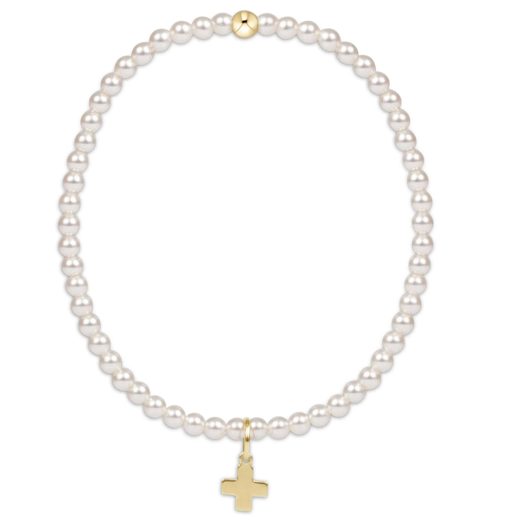 Classic 3mm Pearl Bead Bracelet - Gold Signature Cross Charm Womens Bracelet ENewton 